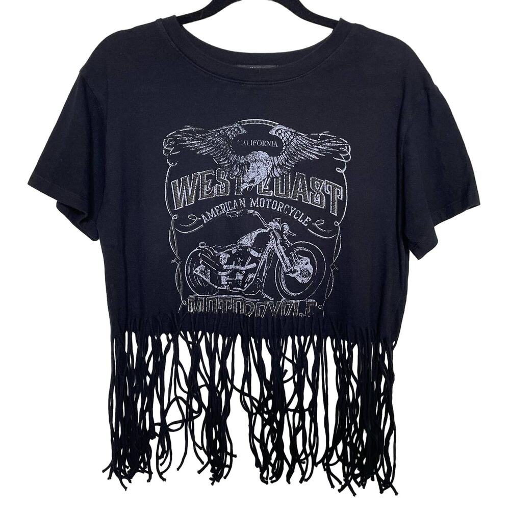 Forever 21 West Coast Motorcycle T-Shirt Fringe Trim Short Sleeve Black‎ Size M